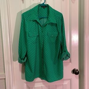 Green button up blouse with white polka dots, 3 quarter buttoned sleeves